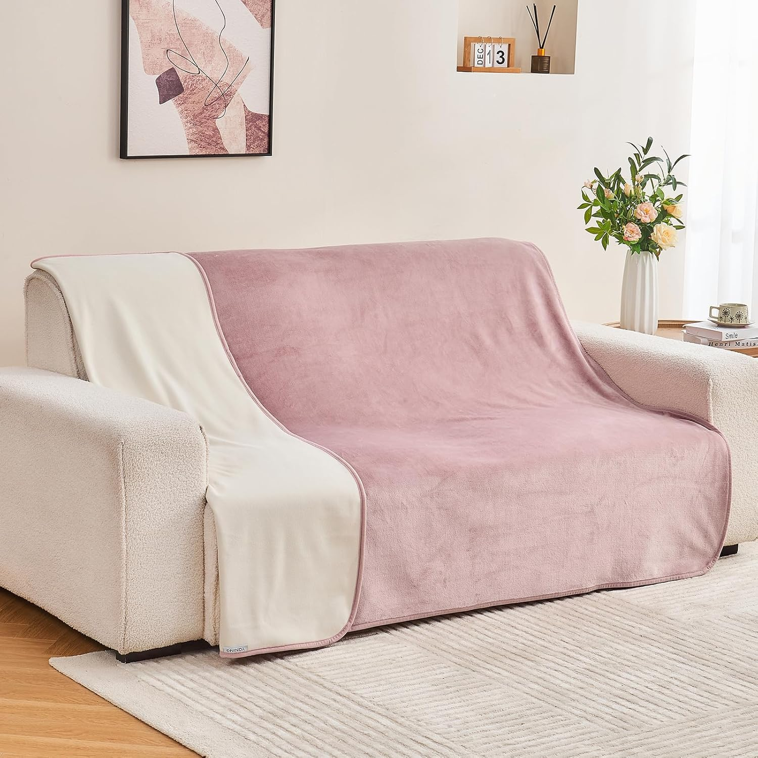 Yaning Waterproof Blanket 80"X90" for Adults, Reversible Waterproof Bed Cover for Dogs Cats Pets, Soft Leakproof Blanket for Bed Couch Sofa Furniture Protector, Dusty Pink/Off White image number 6