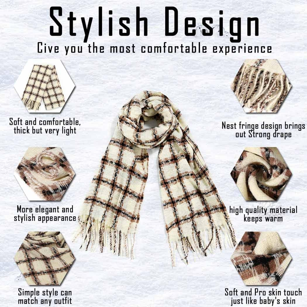 Campsis Winter Scarf Women'S Warm Long Shawl Big Grid Plaid Check Blanket Scarves Fringe Cashmere Feel Pashmina Cozy Shawl Wraps Cold Weather Accessories for Women and Girls, Beige, 7 image number 3