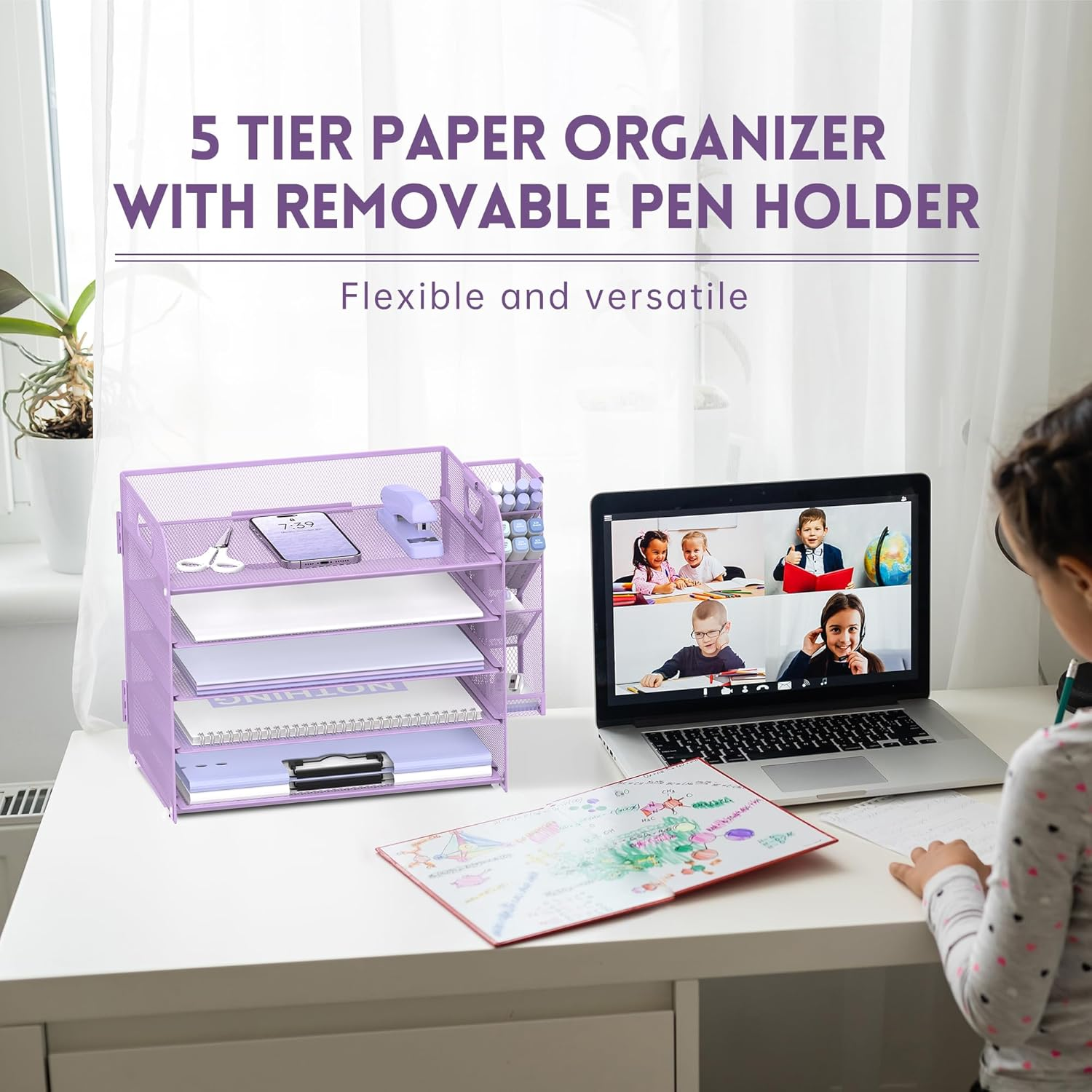 SUPEASY 5 Tier Desk Organizer with Handle & Removable Pen Holders, Mesh Paper/File Organizer for Desk, Paper Letter Tray Organizer for Office Supplies (Purple) image number 2