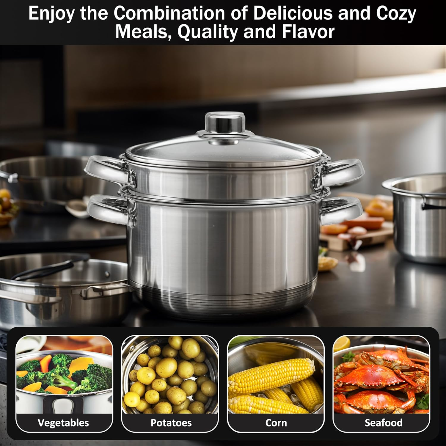 ASKSCICI 6 Quart 18/10 Stainless Steel Tri-Ply Stockpot with Tempered Glass Lid, Multipurpose Steamer Insert Compatible with All Cooktops, Non-Toxic, Oven and Dishwasher Safe, Silver Steamer Pot image number 2