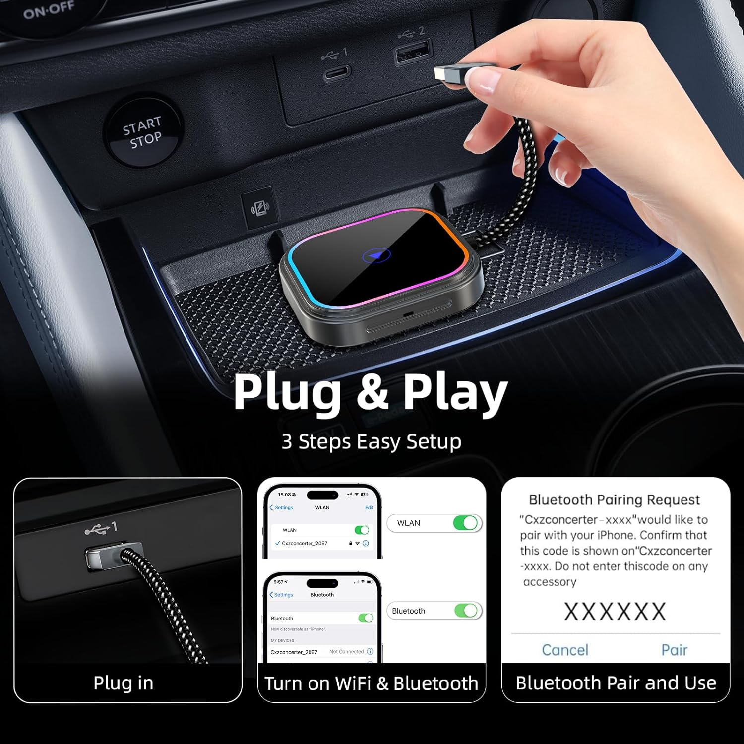 Tesansi Wireless Carplay Adapter for Iphone (2025 Full Upgraded) Audio Reactive Lighting Design for Apple and Android Carplay Dongle, Bluetooth Connection Plug and Play, Mini Size USB Type-A & Type-C image number 3