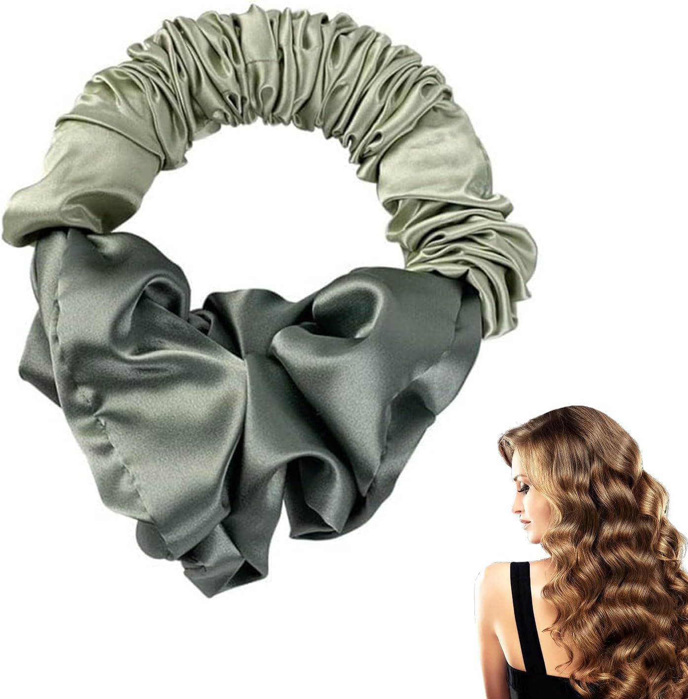Yeomju Pack of 2 Green Heat Free Curls Silky Hair Bobbles for Women, Soft Elastic Satin Silk Hair Bobbles for Sleep, Silky Satin Hair Ties, Overnight Curls image number 4