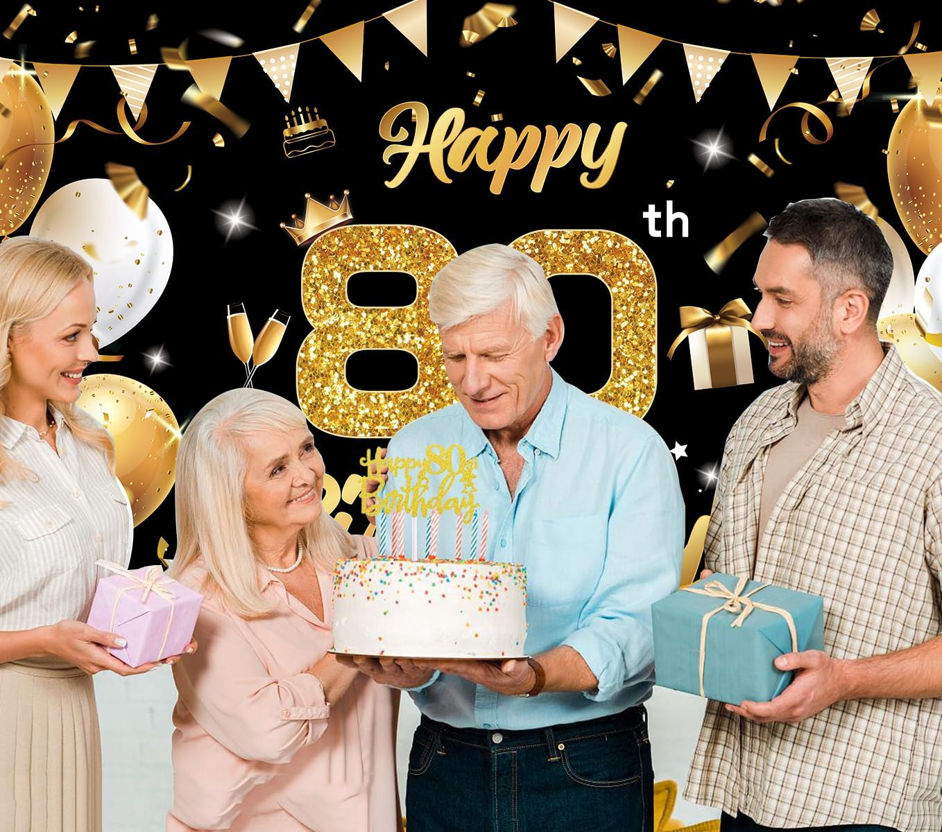 Black Gold Happy 80Th Birthday Banner Backdrop Kit with 12 Balloons,Cake Topper,1.8M X 1.15M Birthday Decorations for Parties,Photography-Premium Birthday Party Supplies for Men Women image number 2