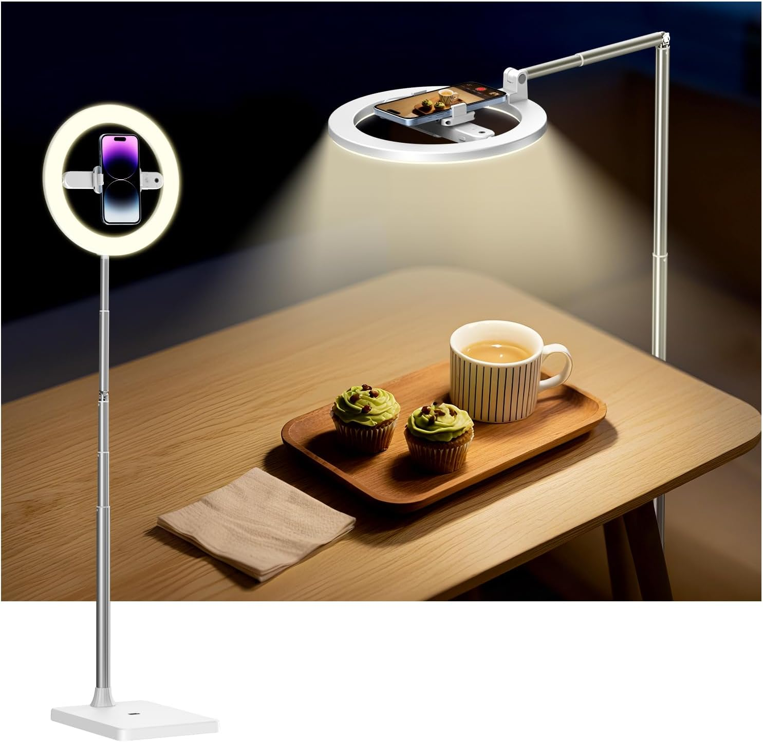 Yayusi 68.5" Overhead Phone Mount with Ring Light for Iphone, 3000Mah 360&deg; Rotation Foldable Rechargeable Ring Light Phone Holder for Video Recording, Photography, Live Streaming, Tiktok, Youtube image number 4