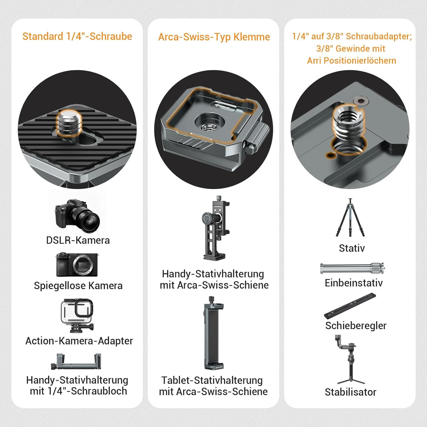 Leaplumin Camera Quick Release Plate Kit with Double Secured Safety Lock Aluminum Quick Release Plate Arca QR Clamp with Quick Switch Auto Lock Design