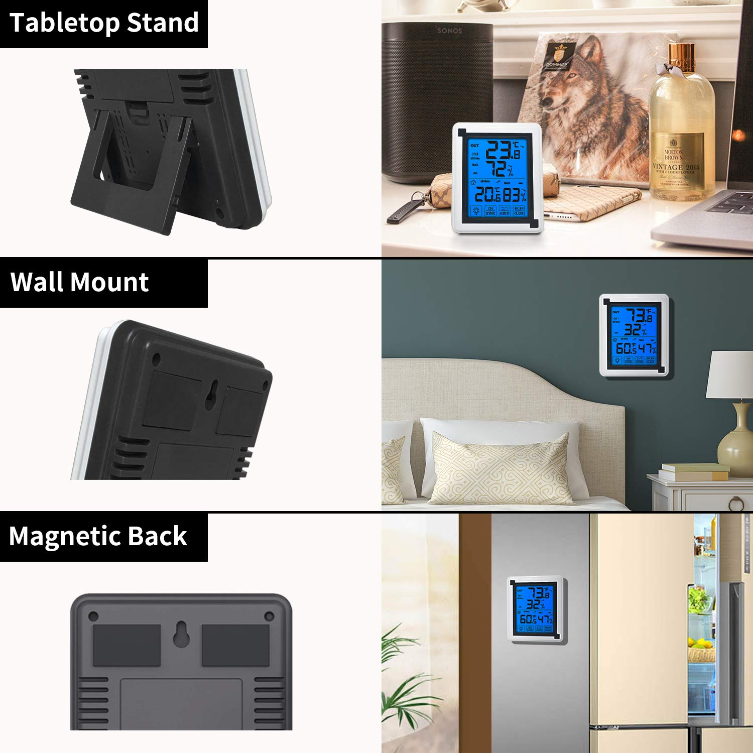 Threeh Indoor Outdoor Thermometer Digital Hygrometer with 3 Wireless Sensors Humidity Guage Accurate Temperature Monitor with Touchscreen LCD Backlight (3 Sensors) image number 5