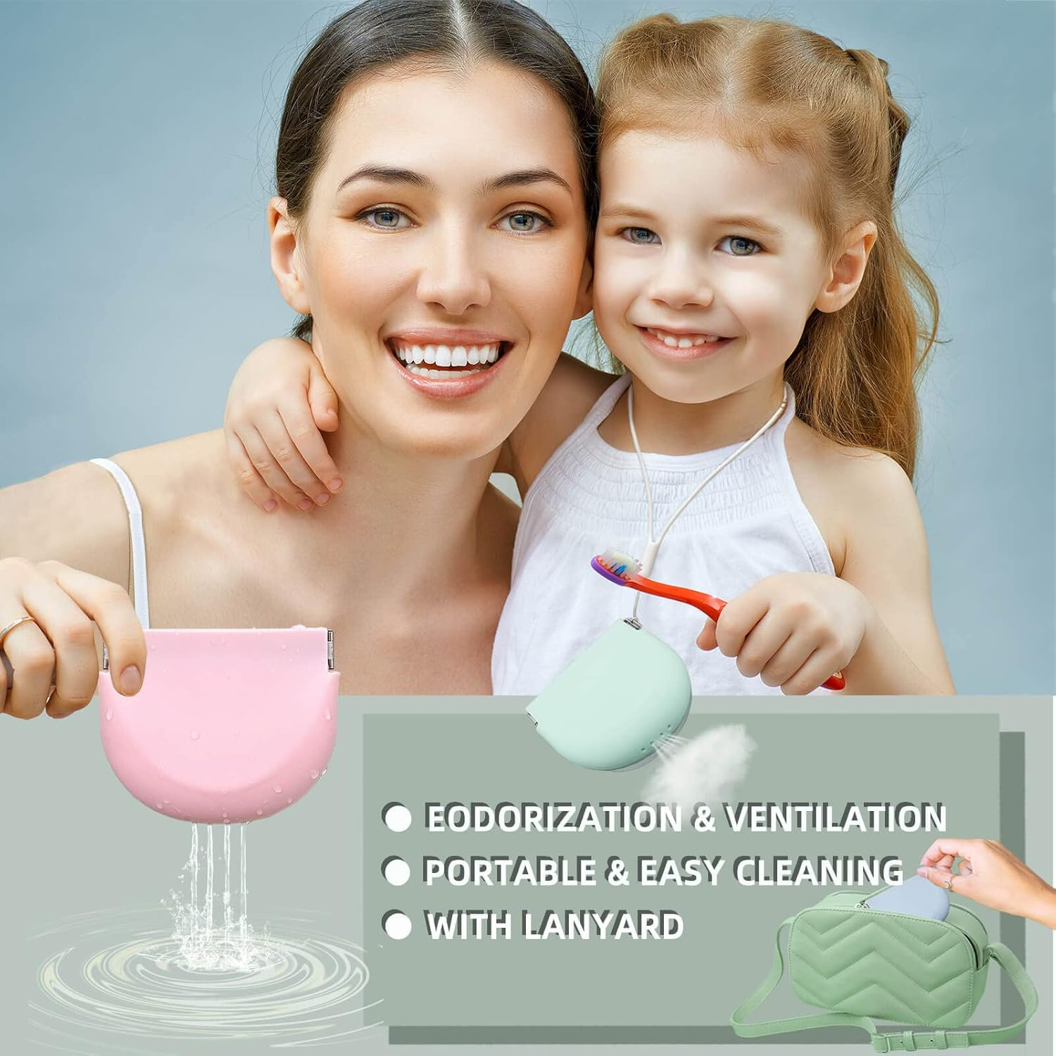 Cute Retainer Case with Vent Holes Food Grade Silicone Retainer Cleaner Case Dental Retainer Holder Case with Lanyard Slim Cool Thin Container Braces Case for Girls Women Kids Boys Men Portable Travel Denture Mouth Guard Aligner Case(Light Blue) image number 4