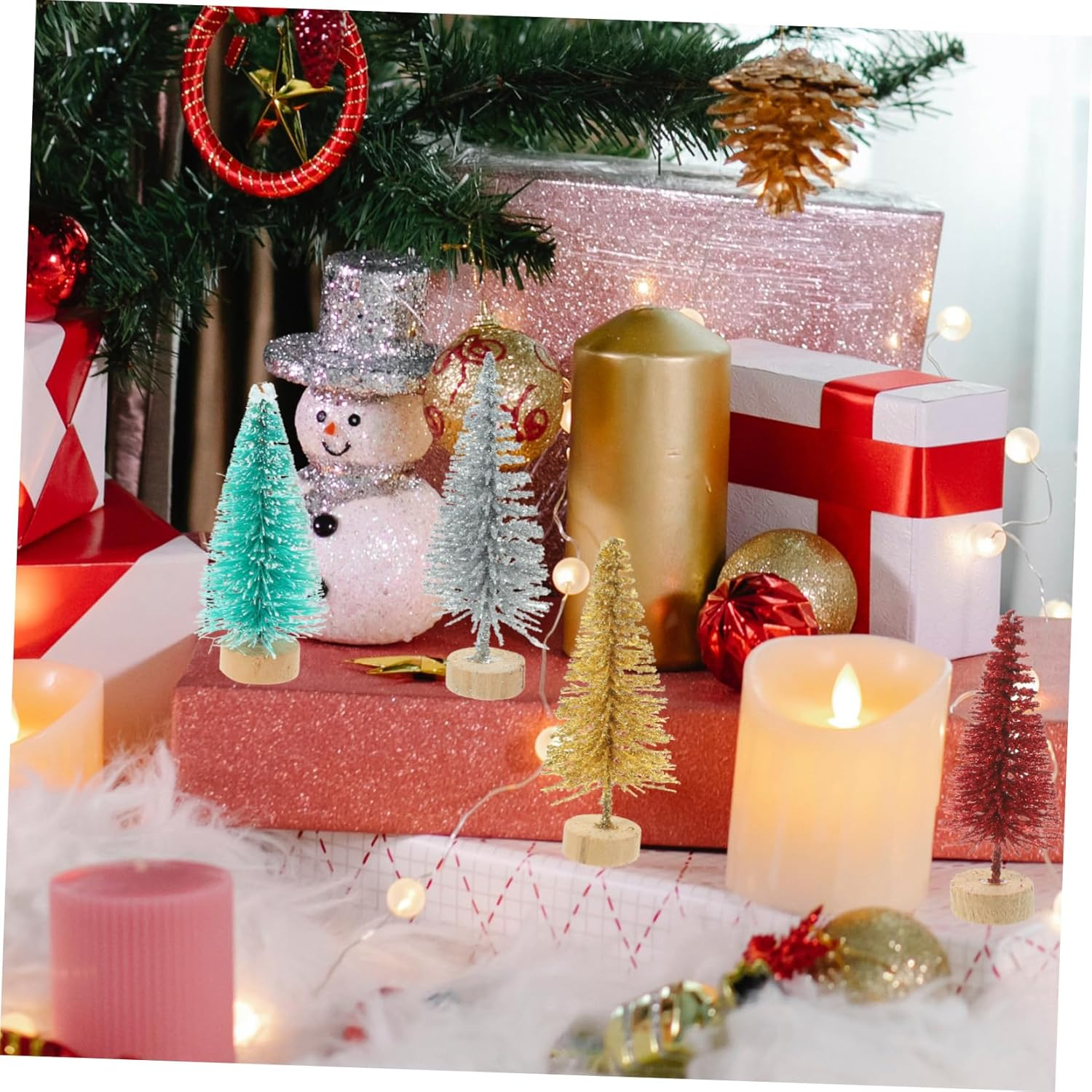 48Pcs Miniature Xmas Trees Wooden Base Realistic Simulated Christmas Tree Decor for Home Office and Holiday Parties Vibrant Colors Including