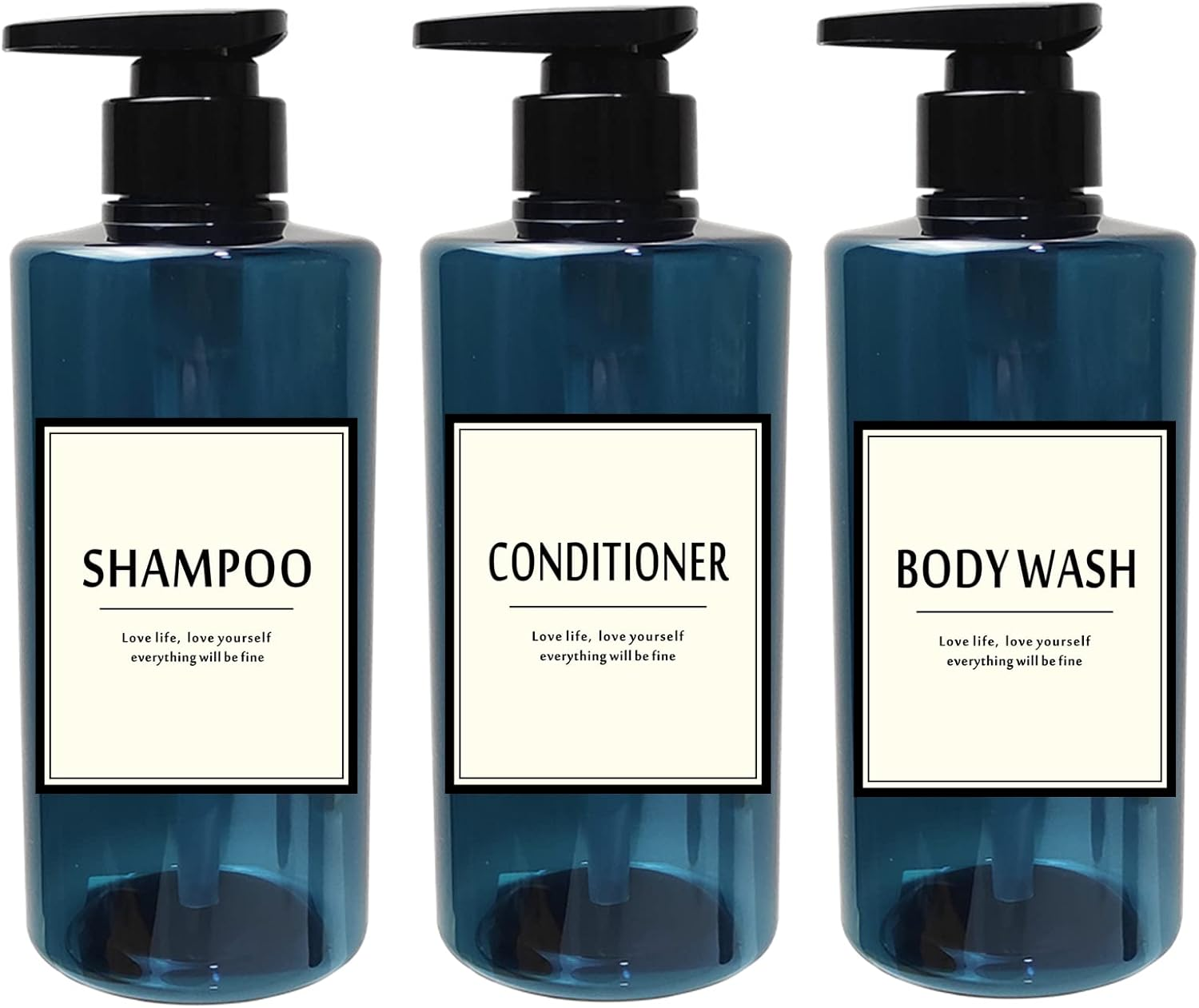 500Ml Shampoo Bottles Refillable,Empty Pump Plastic Bottle 16.9Oz Shower Container with Lables for Shampoo,Conditioner,Body Wash(Blue,1 Set) image number 1