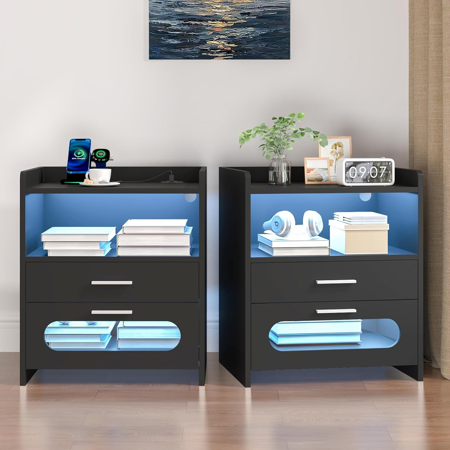 Advwin Bedside Table with 2 Drawers(1 Glass Visible), Large Nightstand with LED Light, Wireless Charging Station and USB Port for Bedroom Living Room, Black