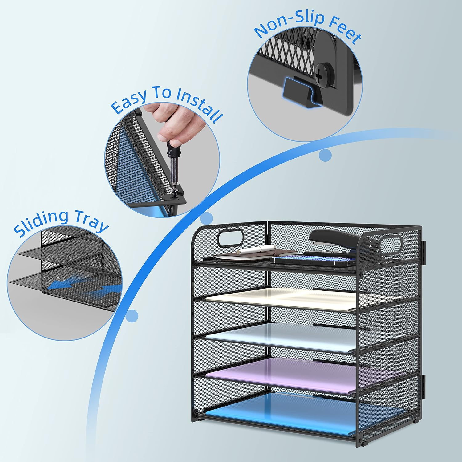 Supeasy 5 Trays Paper Organizer Letter Tray with Handle-Mesh Desk File Organizer,Black Paper Sorter Desk Organizer for Office,Home or School image number 1