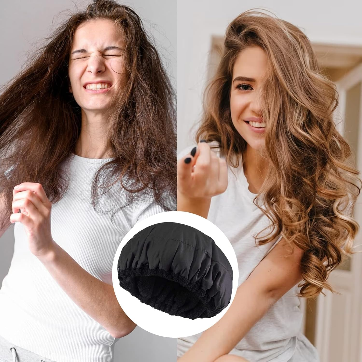 Shower Cap,Terry Lined Shower Cap for Women Reusable, Triple Layer Waterproof Bath Cap, Extra Large for Women Long Hair (Black, One Size) image number 2