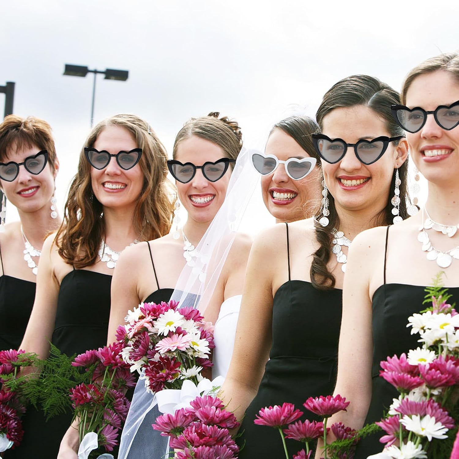 LACGO Pack of 21 Glasses Team Bride Hair Scrunchies Bridesmaids Gift Set 7Satin Scrunchies Hair Bobbles + 7 Sunglasses + Bride Team Bride Tattoos for Wedding Bridal Shower Hen Night Black