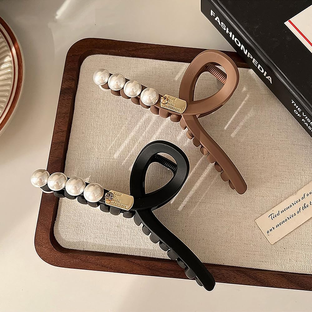 2 Pack Large Pearl Hair Claw Clips for Women - Strong Hold, Nonslip, Jumbo Hair Accessories for Thick, Thin, Curly Hair - Black and Brown Hair Clips with Storage Bag image number 1