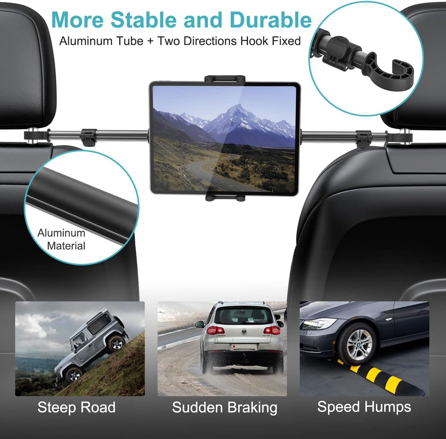 Car Headrest Tablet Mount, EXSHOW 32.67 Inch between Seat Ipad Holder, Back Seat Stretchable Long Arm Phone Stand, Backseat Mount for Kids Fits Ipad Pro 12.9 Air Mini, Galaxy Tabs, 4-13" Device image number 4