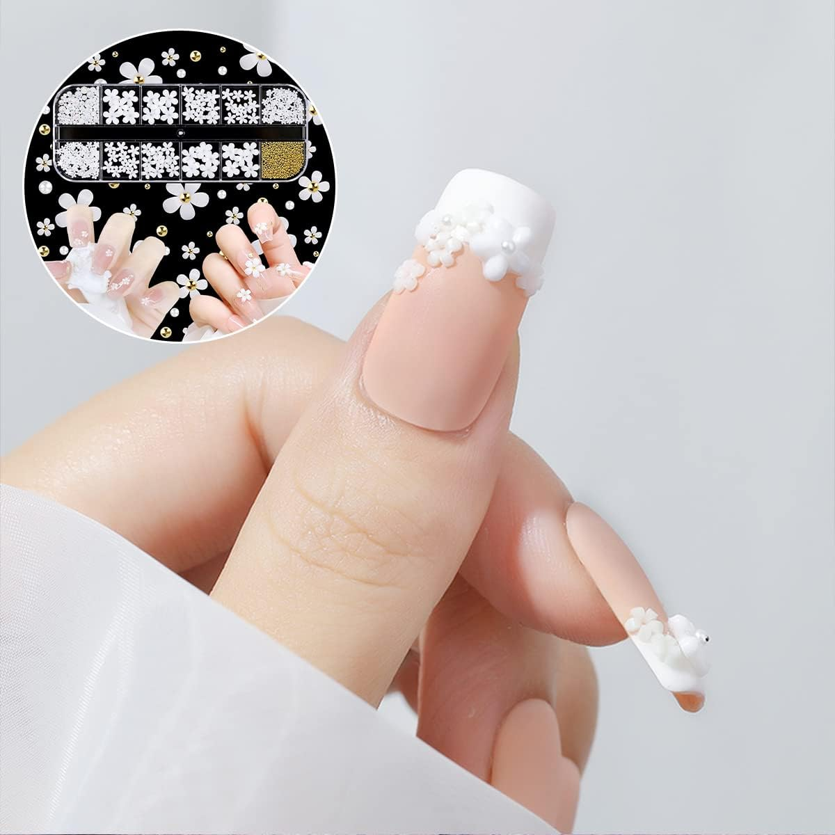 BEZANU Flower Nail Art Charms, White Flowers Nail Rhinestones Kit with Nail Beads for DIY Nail Art Craft (12 Kind) image number 4