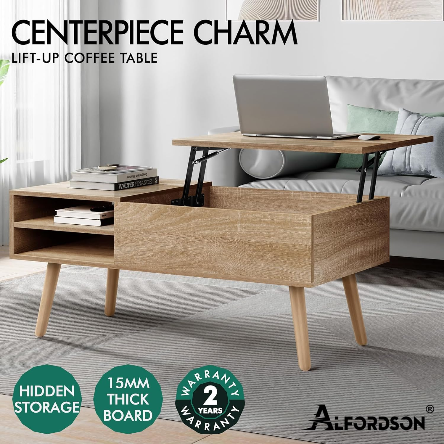 ALFORDSON Lift Top Coffee Table with Hidden Compartment and Side Open Shelves, Rising Tabletop Dining Table for Living Room Office Reception, Convertible Center Table, Wood image number 2