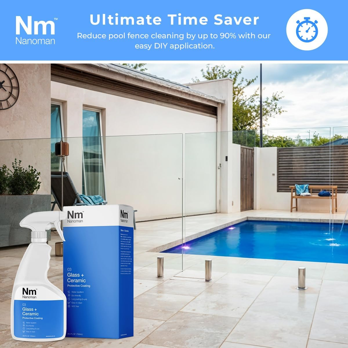 Nanoman Glass + Ceramic Coating &ndash; Hydrophobic, Easy-Clean Protection for Pool Fences & Glass Balustrades, 750Ml image number 4