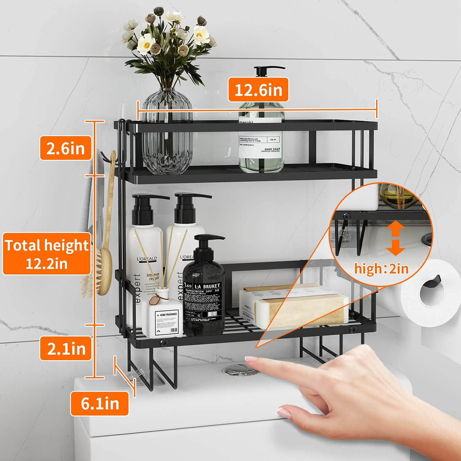 Godboat Bathroom Organizers, 2-Tier over Toilet Storage, Floating Shelves with 2 Hooks & Paper Holder, Wall Mounted Shelf Furniture, Cool Accessories & Decor, Gifts for Women, Mothers Day (Black) image number 6