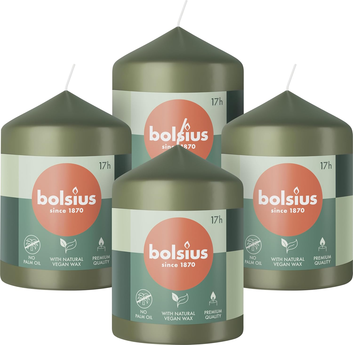 Bolsius Pillar Candles - Green - 4-Pack - 8 X 6 Cm - Decorative Household Candles - Long Burning Time of 17 Hours - Unscented - Includes Natural Vegan Wax - without Palm Oil