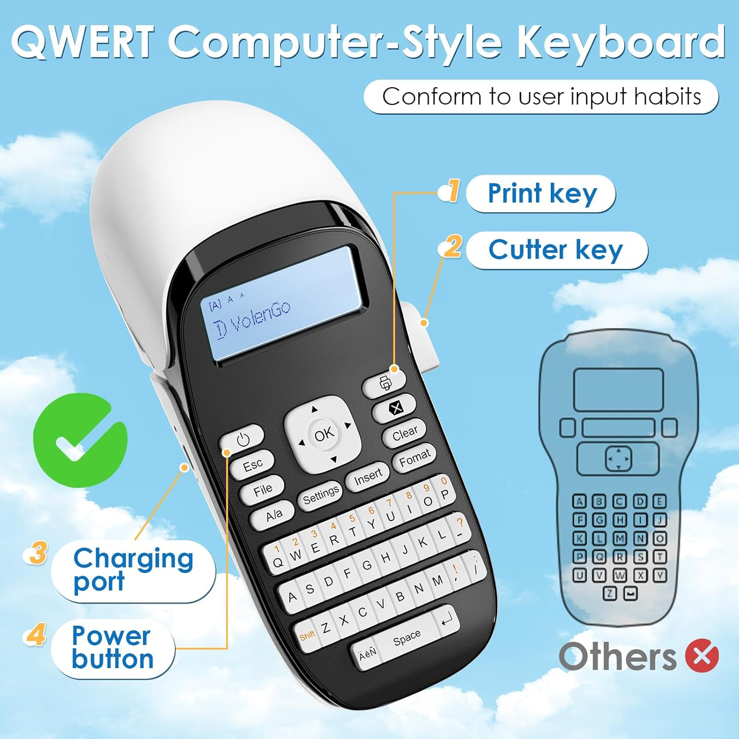 Volengo LT12 Label Maker, Handheld Portable Label Printer, Easy to Use, QWERTY Keyboard, Backlit LCD, for Home, Office, and On-The-Go Use image number 4