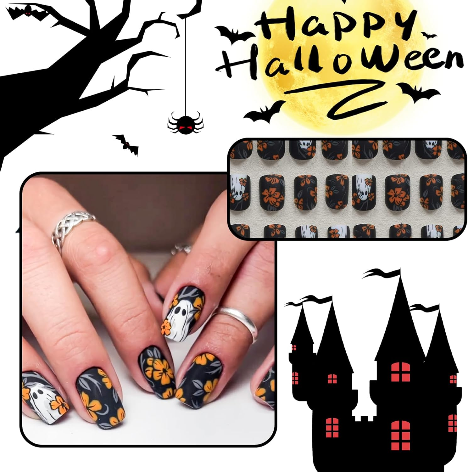 24-Piece Black Press on False Nail Set of Halloween image number 4