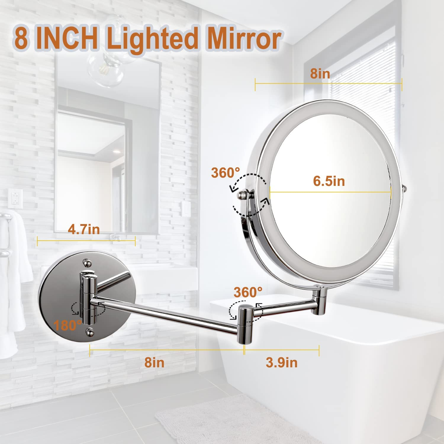 Rechargeable 8 Inch Lighted Wall Magnifying Makeup Mirror with 3 Color Lighting Modes Magnified Double Sided 10X Magnification LED Vanity Mirror with Dimmable Lights image number 3