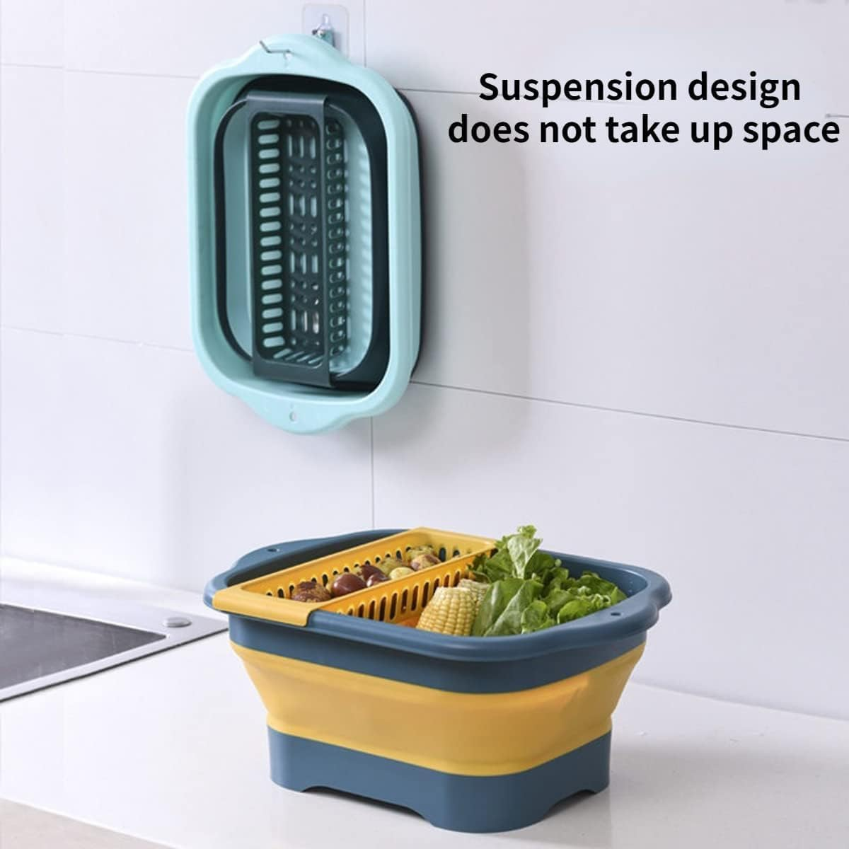 Collapsible Dish Basin with Draining Rack- 11L Foldable Bucket Sink Tub Portable Multifunctional Hang Basket, Space Saving Plastic Basin for Outdoor Camping, Vegetable Washing Kitchen Storage - Blue image number 2