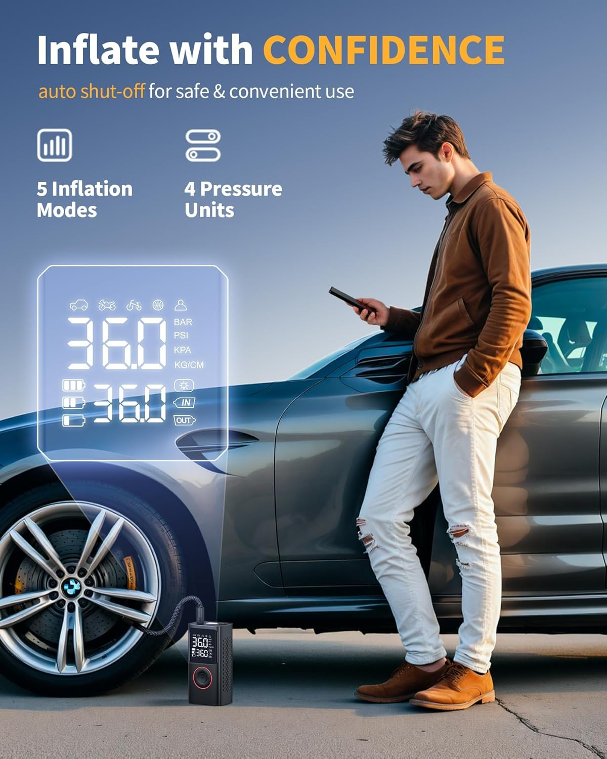 Tire Inflator Portable Air Compressor, 150 PSI Cordless Bike Pump, Air Pump for Auto, Motorcycle, Bicycle, Balls with Pressure Gauge, LED Light & Car Accessories, Black, Medium image number 3