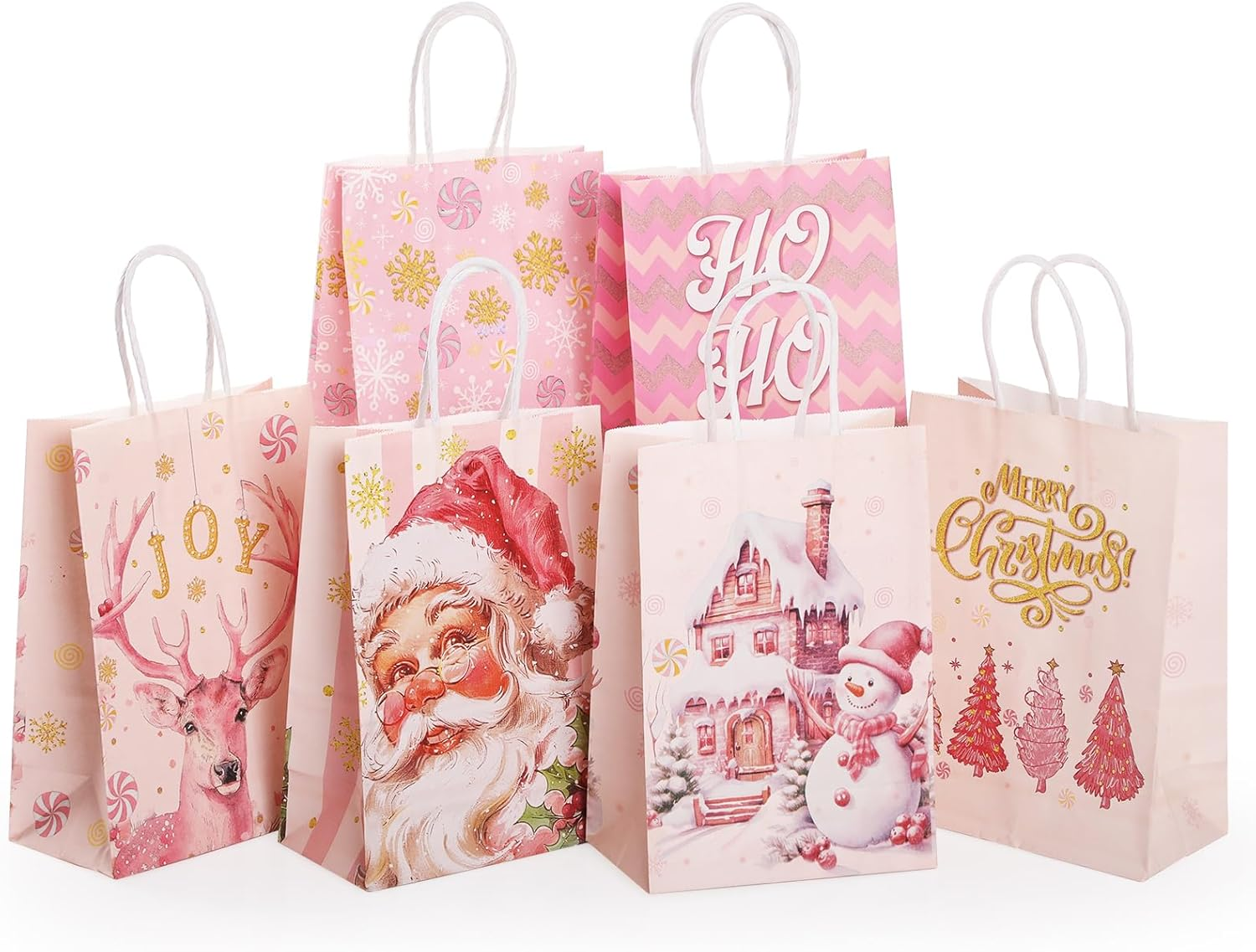 24 Pcs Christmas Kraft Gift Bags, Geeric Xmas Paper Bags Bulk with Handles Party Bags Christmas Candy Treat Bag Gift Bags for Xmas Gift Wrapping Christmas Party Santa Claus,Snowflake,Elk Print Pattern