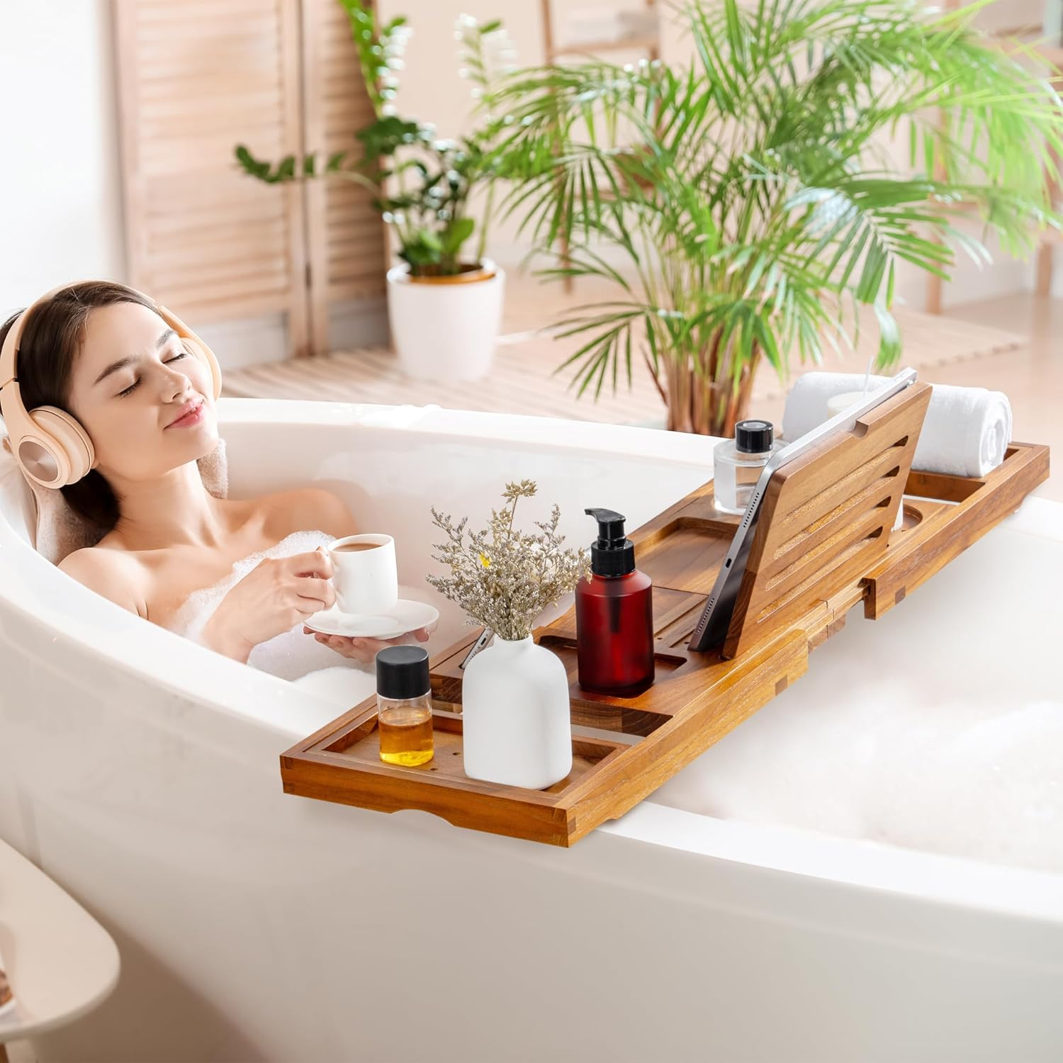 Teak Bathtub Tray - Luxury Bath Tray with Expandable Handles, Wine Glass and Phone Holders, Book Stand - Perfect for Home Spa Relaxation and Reading - Natural Bath Accessories - Light Walnut Color - Light Walnut image number 2