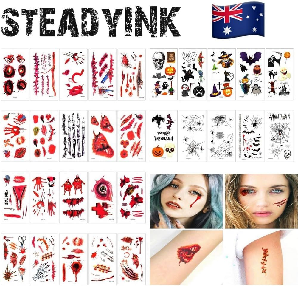 30 Sheets Halloween Tattoo Sticker Waterproof - Temporary Tattoos - Bats Cuts Blood Splatter Stitches Spiders Webs Witches - Halloween Sticker Pack for Adults Kids - Steadyink&reg; image number 4