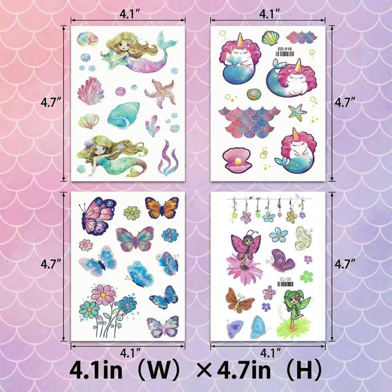 12 Sheets Glitter Temporary Tattoos for Kids | Cute Fake Tattoo Stickers with Butterfly, Mermaid & Fairy Designs - Waterproof Party Favors for Girls Boys Birthdays (Mermaid & Butterfly-Eg) - Mermaid  Butterfly-Eg image number 3