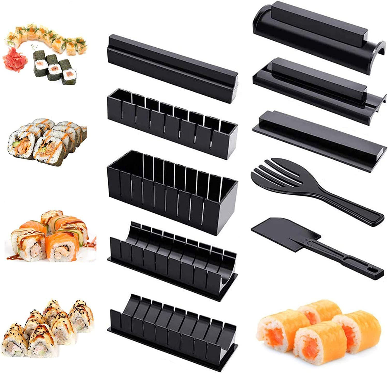 DIY Sushi Making Set - 10 PCS Production Kit with Rice Roll Mold Shapes and Fork, Premium Mold Maker for Maki Rolls, Easy and Fun for Daily Use (Black) image number 2