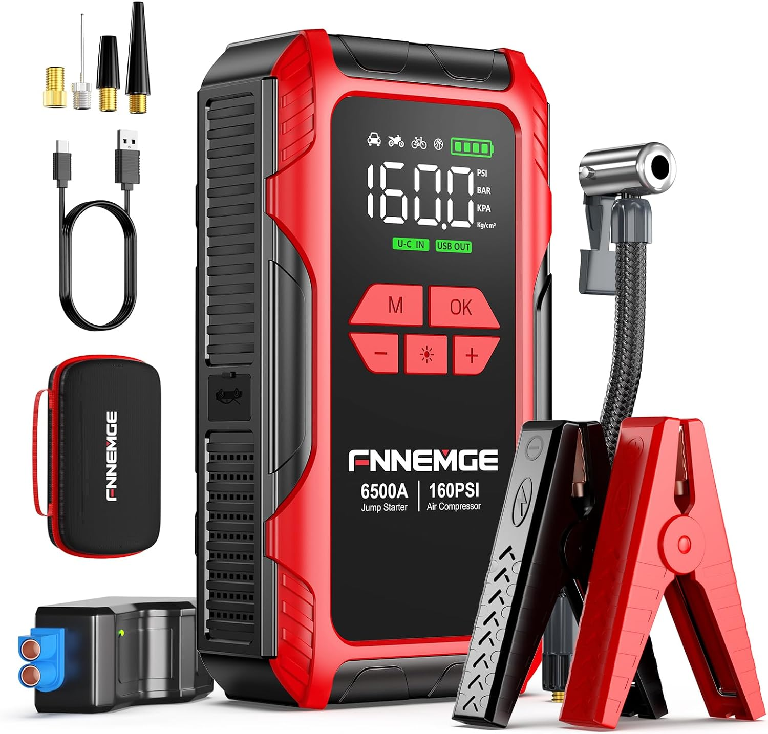 FNNEMGE 6500A Jump Starter with Air Compressor, 26800Mah Car Battery Jumper Starter Portable 12V(For All Gas/10.0L Diesel), 160PSI Tire Inflator, with USB Output,2 LED Light,Hd Large Screen. image number 1