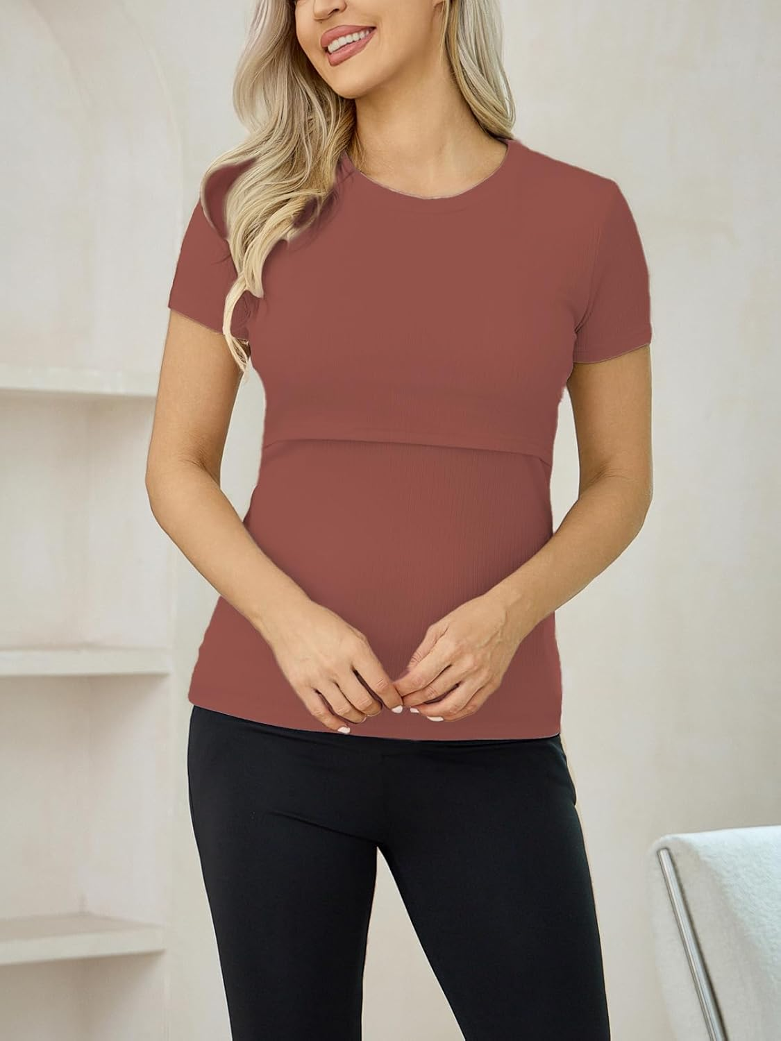 Liu Qu Women'S Maternity Nursing Dress Short Sleeves Lounge Dress for Breastfeeding with Pockets image number 5