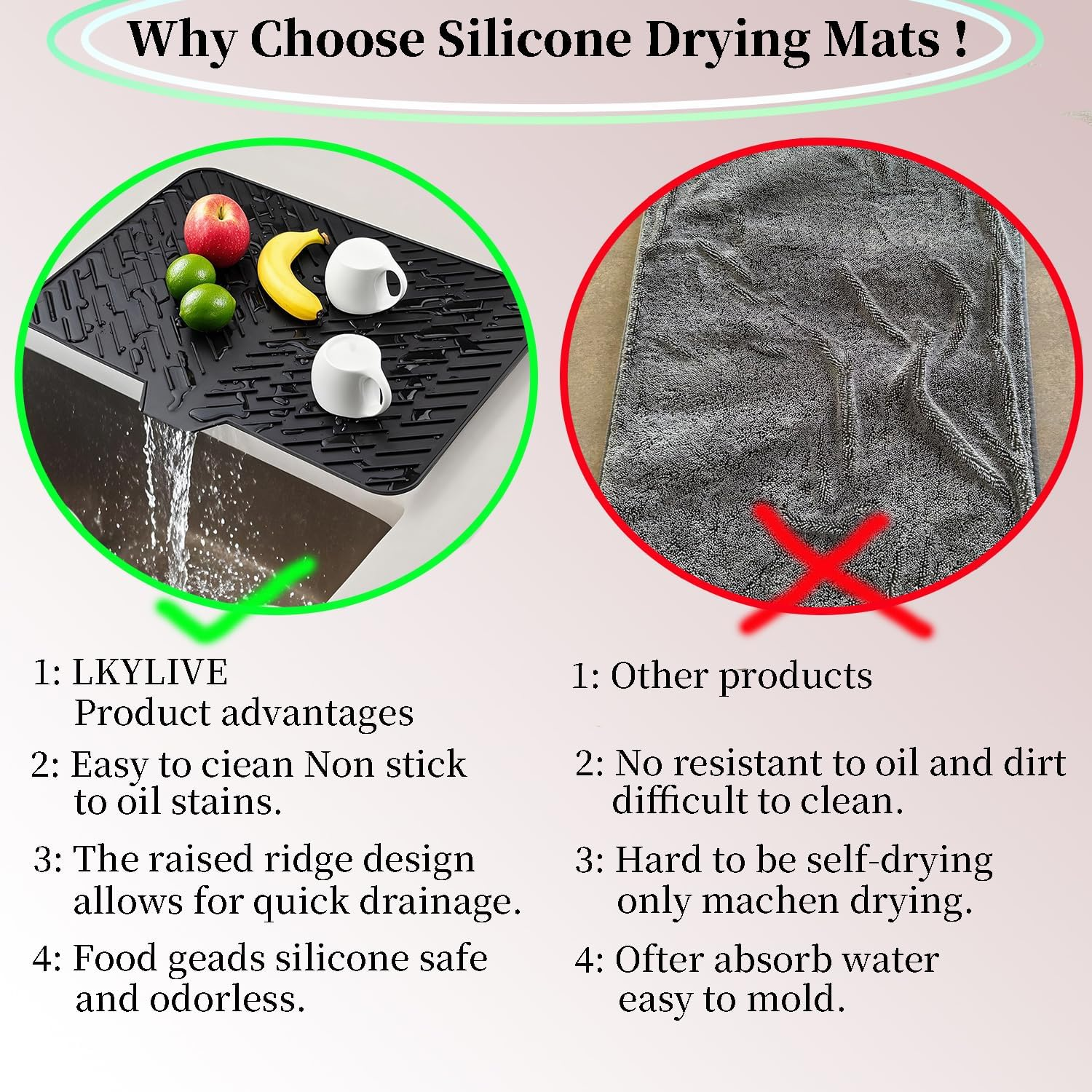 LKYLIVE Silicone Drying Mat, 23"X17" with Built-In Drain Lip,Heat-Resistant,Eco-Friendly,Hygienic Drying Pad,Leak-Proof and Non-Slip,Silicone Dish Drying Mat for Kitchen Counter or Sink（Black 23X17） image number 2