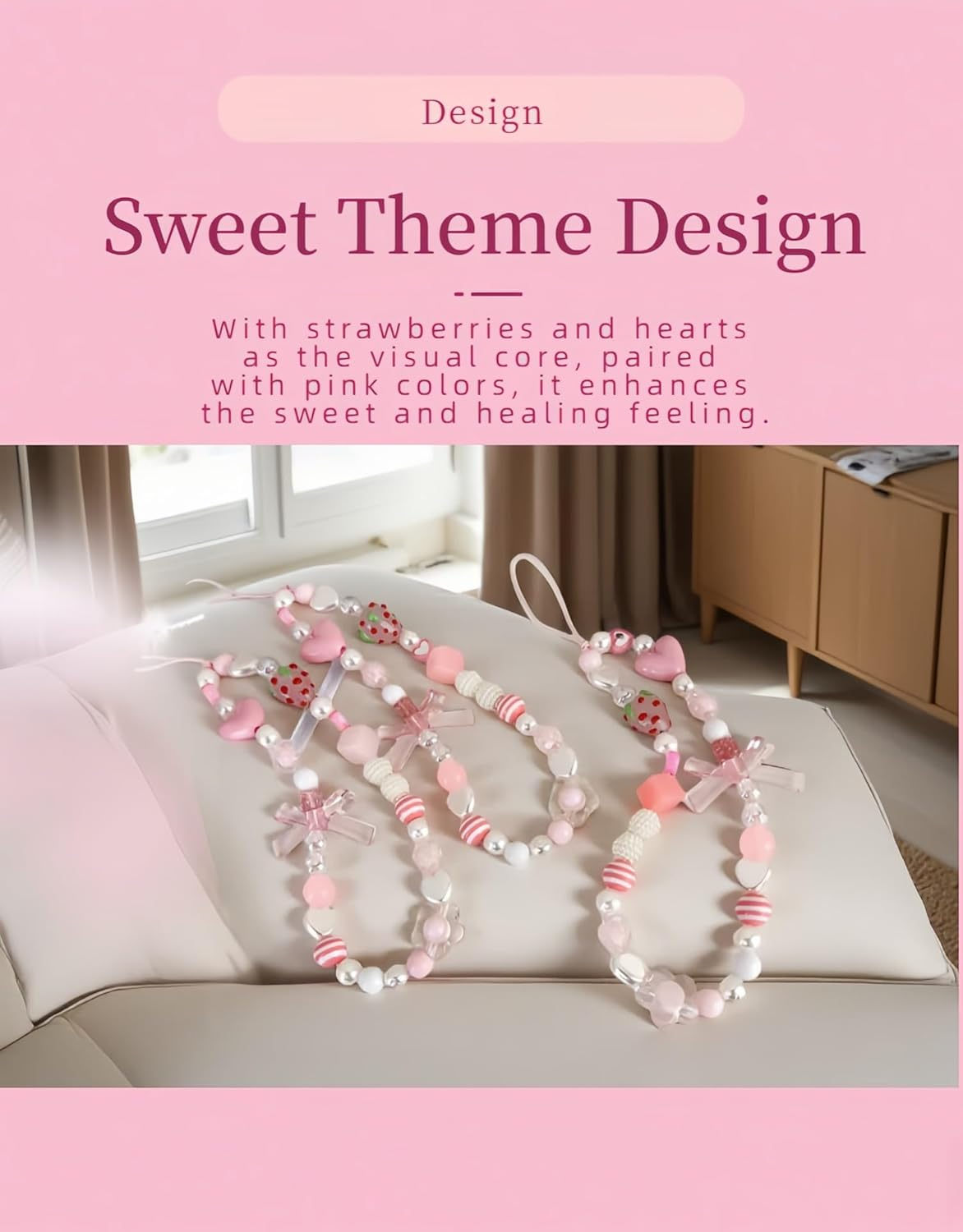 Strawberry Charm Phone Strap & Wristlet - Anti-Loss Sparkle Beaded Lanyard for Phone Camera, Cute Kawaii Gift for Women Girls (Pink Pearl Bow), Short Lightweight Design image number 1