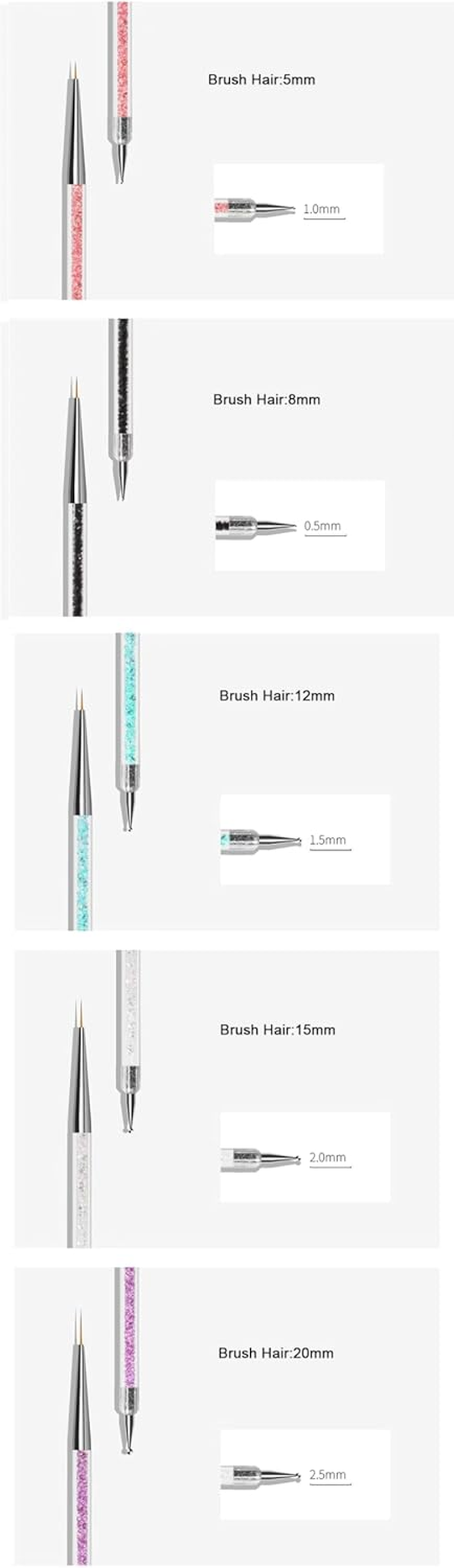 ZEOHBETY Nail Art Brushes, 5Pcs Nail Art Liner Brushes, Dotting Pen Tools, Nail Art Design Brush Set for Long Lines, Thin Details, Fine Drawing, Sizes 5/8/12/15/20Mm