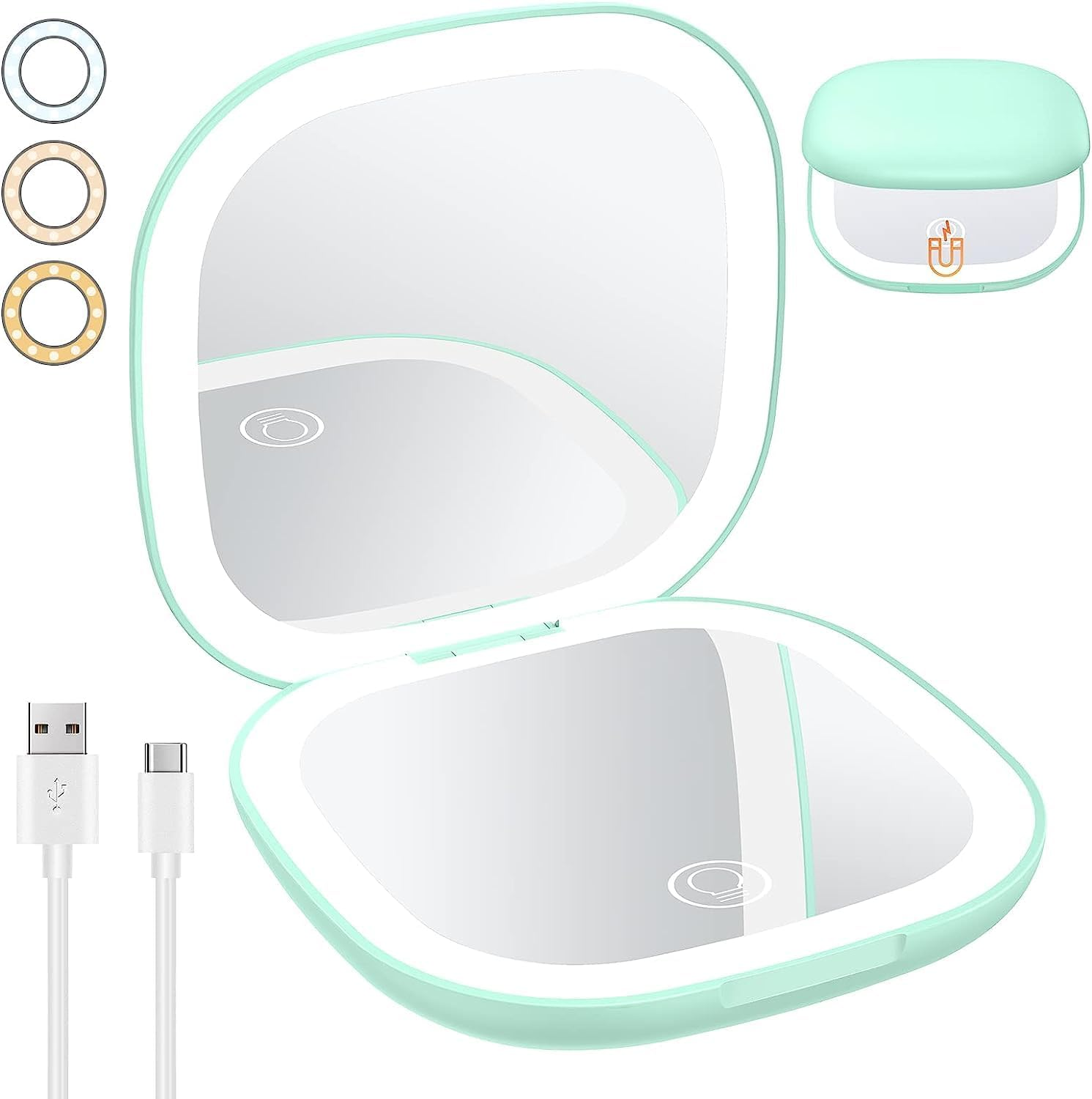 YUKAIONE Rechargeable LED Makeup Mirror, Compact Travel Mirror with 1X/10X Magnification, 3 Color Lights, Mini Magnetic Pocket Mirror for Women(White)