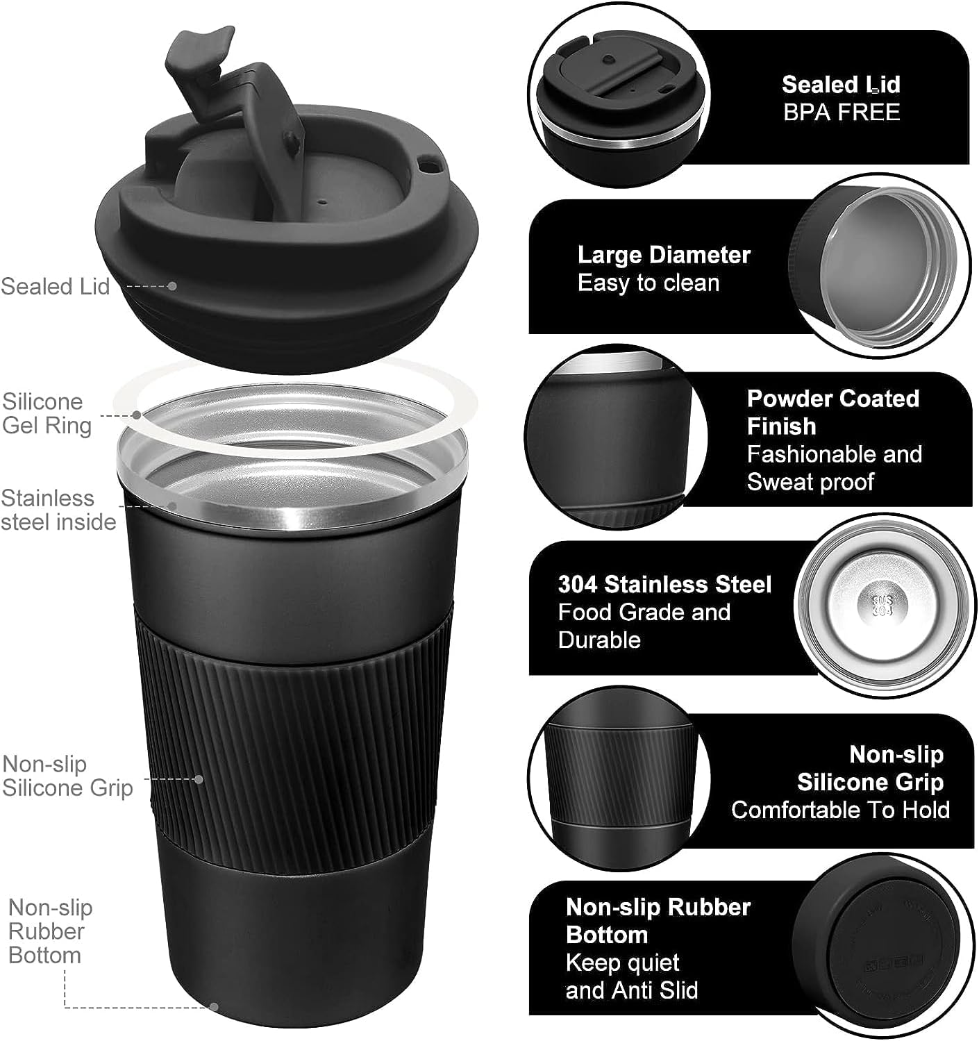 Travel Mug Reusable Coffee Cups 510Ml/17Oz Insulated Mug Thermal Tumbler to Go with Lid Leak Proof Thermal Insulated Vacuum Insulation Stainless Steel Bottle for Hot Cold Drinks (Black) - Green image number 7