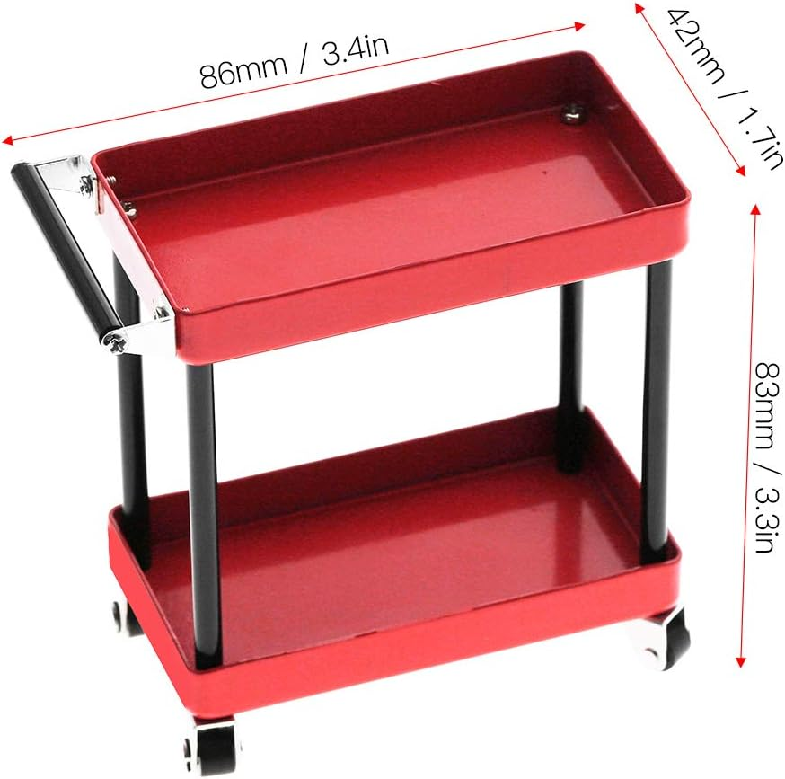 Joyzan RC Tool Trolley, Mini 2 Tier Tools Storage Cart Toolbox Trolley Mobile Workshop Garage Repair RC Accessories Metal Mechanic Handyman Level Tray Applicable to 1/8 1/10 1/12 1/16 Scale Model - Red image number 2