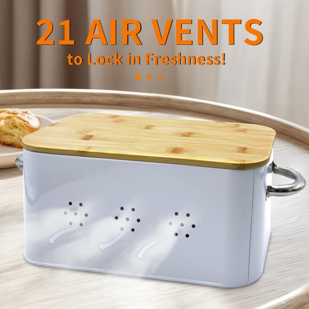 Bread Box with SUS304 Food Tong,Metal Bread Container with Air Valve&Bamboo Cutting Lid,Bread Bin with Metal Handles for Food Storage (White) image number 3