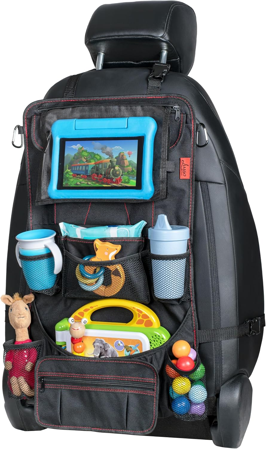 Lusso Gear Heavy Duty Back Seat Car Organizer Extra Large for Protection, Sag Proof & Reinforced Corners, Protects Ipad & Backseat, 12 Versatile Car Seat Organizer Storage Compartments (Black)