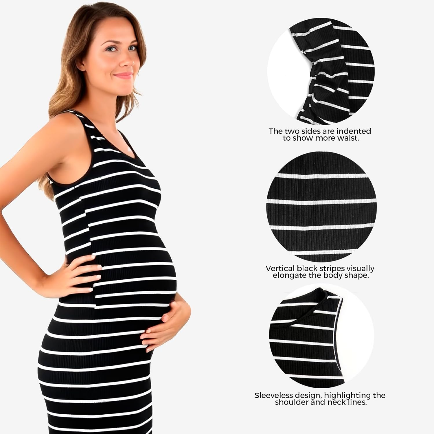 Maternity Dress Sleeveless round Neck Stretchy Striped Mid-Length image number 1
