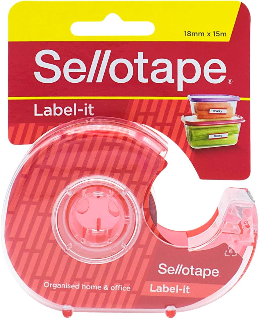 Sellotape Label Tape with Dispenser, Writable Surface for Custom Labels, Strong Adhesion, Ideal for Labelling, Organising, Office & Kitchen Use, Includes 18Mm X 15M Roll
