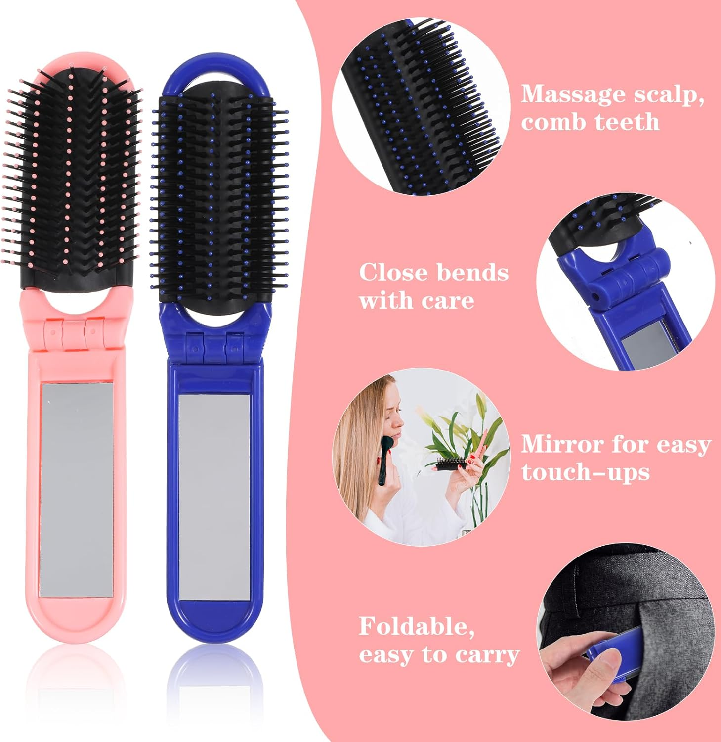 Classicseali Pack of 2 Foldable Hair Brush, Travel Brush, Foldable with Mirror, Folding Comb, Folding Brush, Mini Hair Brush for Men and Women, Portable Hair Styling Tools (Pink, Blue) image number 5