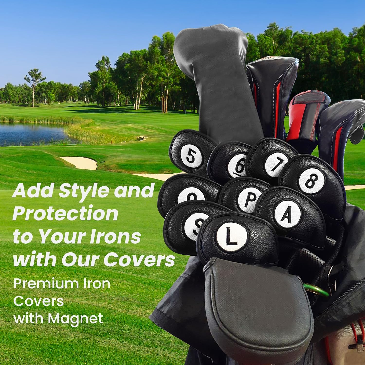 FINGER TEN Golf Club Covers for Irons Magnetic Value 11 Pack, Synthetic Leather Deluxe Head Cover Set Headcovers for Irons Fit Main Iron Clubs image number 1