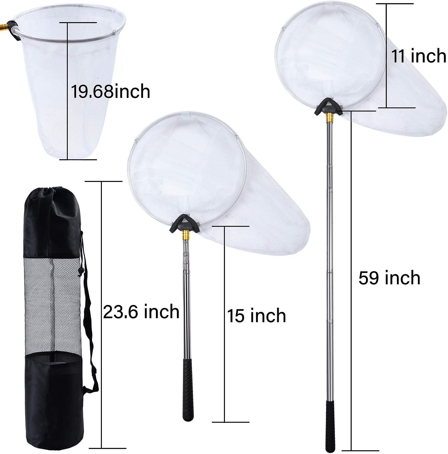 Elcoho Telescopic Butterfly Nets Stainless Steel Kids Bug Net Outdoor Tools Insects Fishing Net with Storage Bag Extendable from 15 Inches to 59 Inches White image number 2