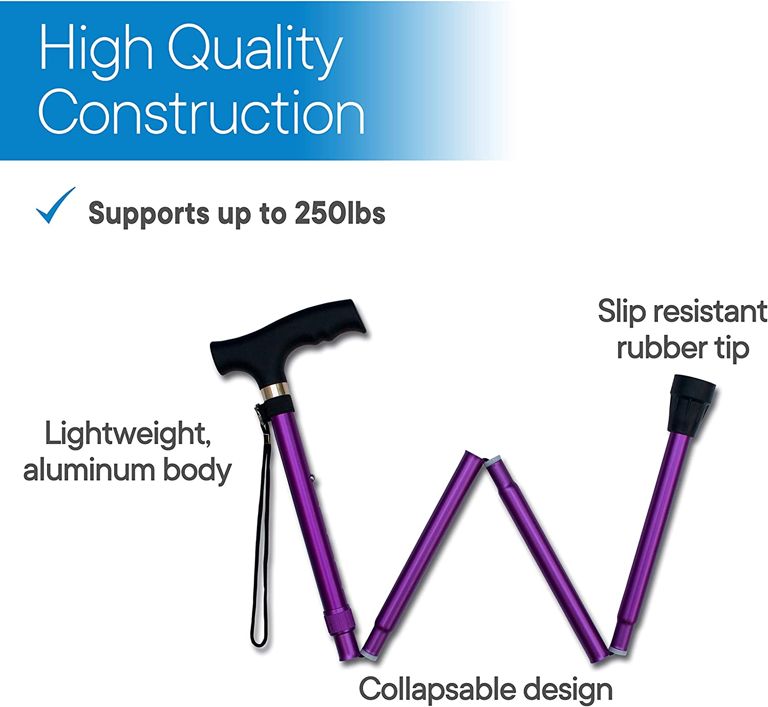 (Lavender) - RMS Folding Cane - Foldable, Adjustable, Lightweight Aluminium Offset Walking Cane - Collapsible Walking Stick with Ergonomic Derby Handle - Ideal Daily Living Aid for Limited Mobility (Lavender) image number 4